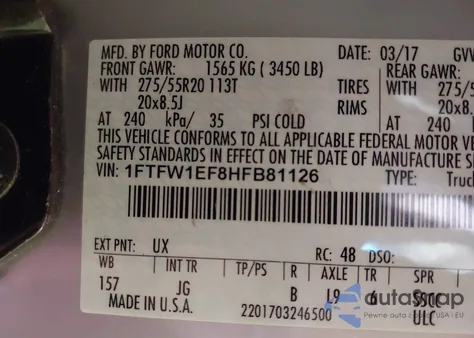 2017 Ford F-150 Xl z USA, uszkodzony, nr VIN 1FTFW1EF8HFB81126